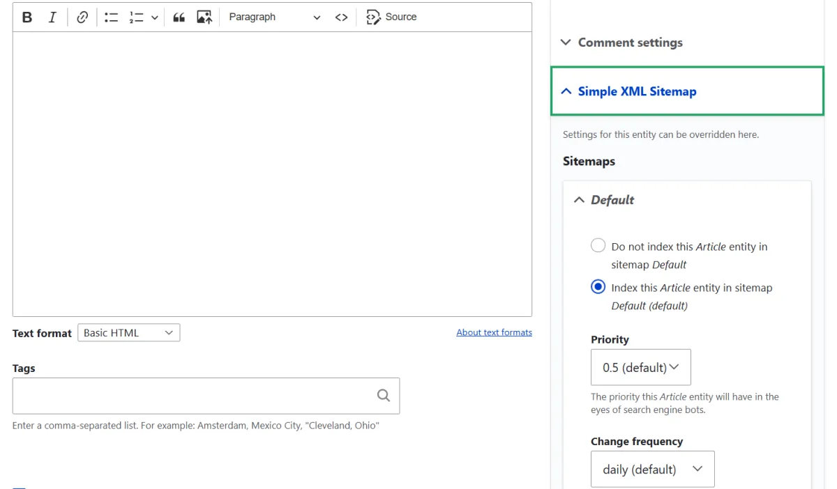 sitemap settings specific drupal content items