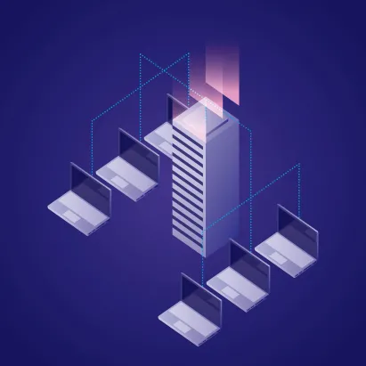 laptops with icons around filing cabinet