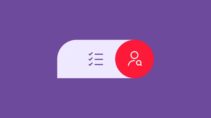 purple background with checklist icon and person icon with magnifying glass