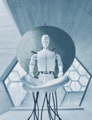 Futuristic robot standing in a geometric room, blue-toned lighting.