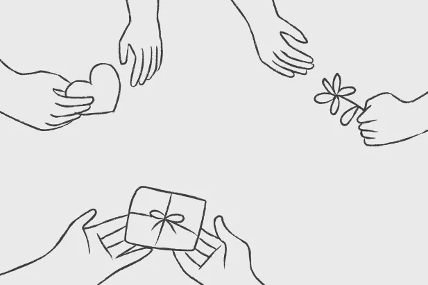 Drawing of hands holding a gift, a heart and a flower