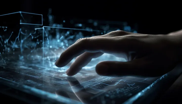 Person typing on tablet with abstract background