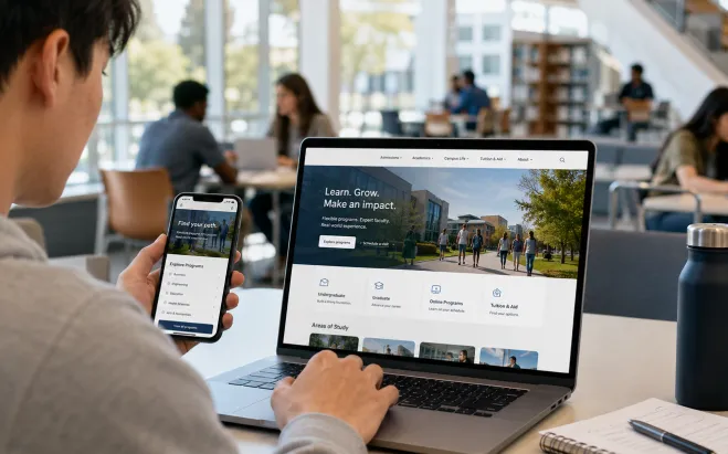 student on higher ed website