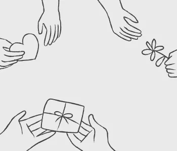 Drawing of hands holding a gift, a heart and a flower