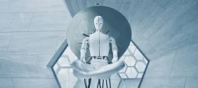 Futuristic robot standing in a geometric room, blue-toned lighting.