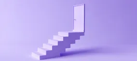 A minimalist light purple 3D staircase leading upward to a closed door against a soft purple background.