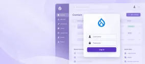 Drupal login form with username and password fields and a purple “Log in” button over a blurred admin dashboard.