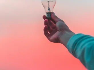 lightbulb held up to a sunset