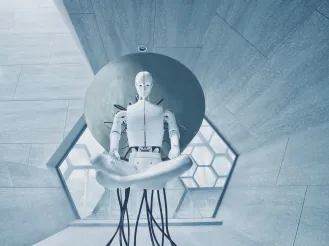 Futuristic robot standing in a geometric room, blue-toned lighting.