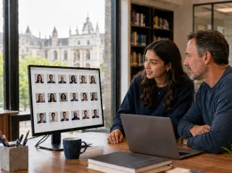 Prospective student and parent reviewing a staff directory on a website