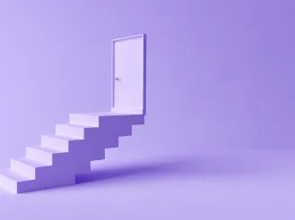 A minimalist light purple 3D staircase leading upward to a closed door against a soft purple background.