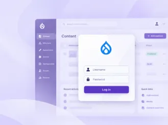 Drupal login form with username and password fields and a purple “Log in” button over a blurred admin dashboard.