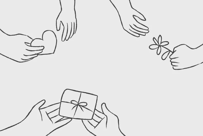Drawing of hands holding a gift, a heart and a flower