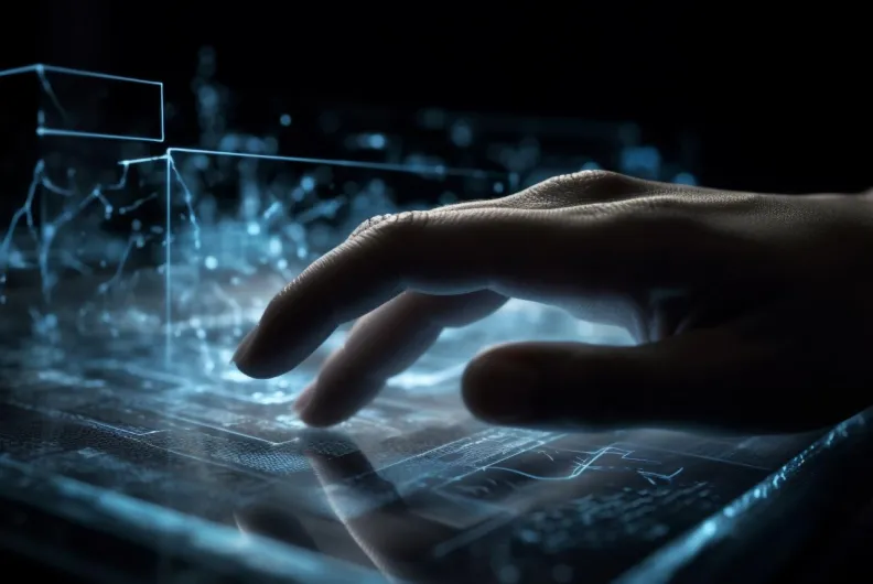 Person typing on tablet with abstract background