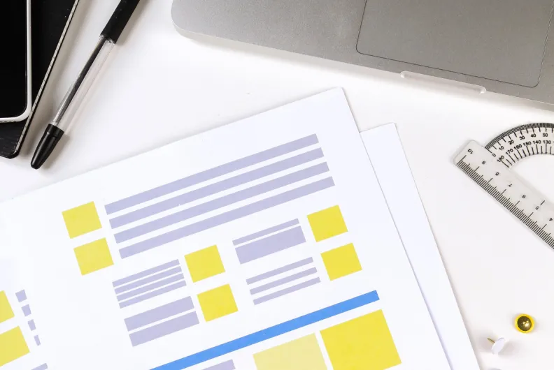 Website forms on a print out next to a laptop