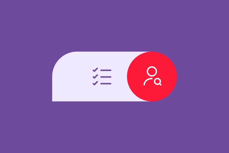 purple background with checklist icon and person icon with magnifying glass