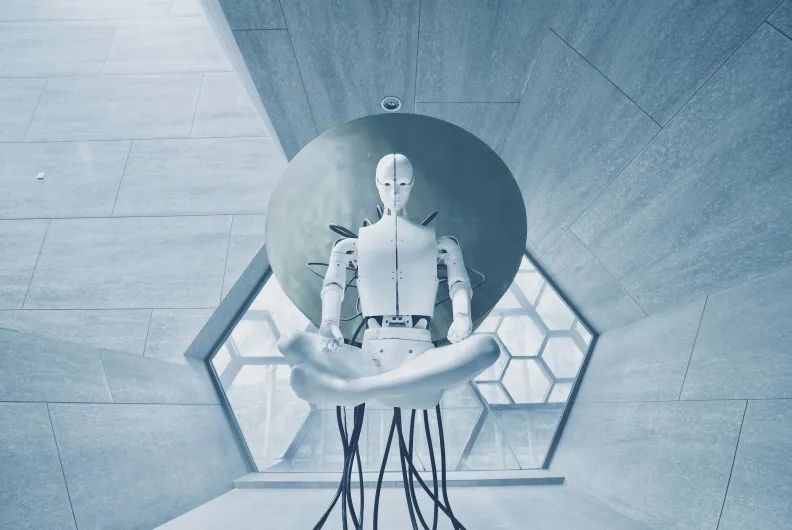 Futuristic robot standing in a geometric room, blue-toned lighting.