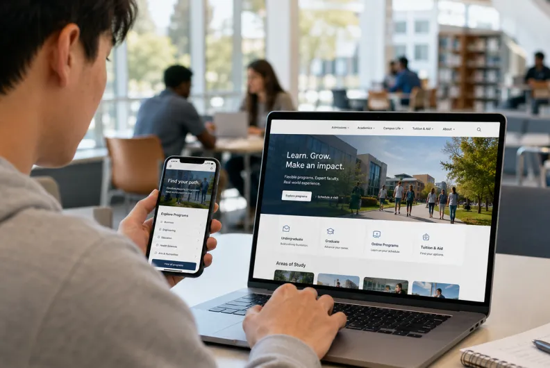 student on higher ed website