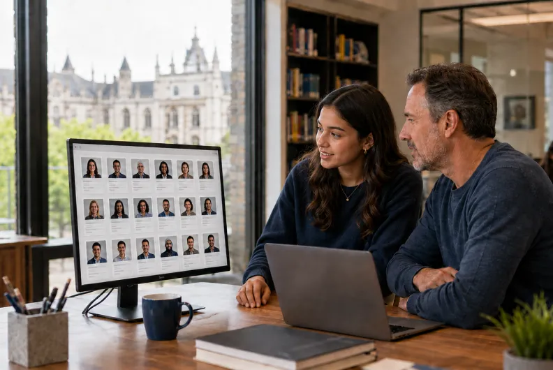 Prospective student and parent reviewing a staff directory on a website