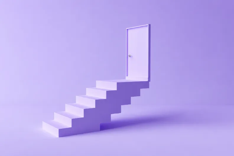 A minimalist light purple 3D staircase leading upward to a closed door against a soft purple background.