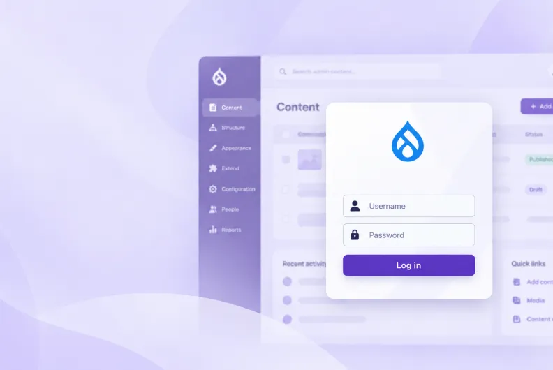Drupal login form with username and password fields and a purple “Log in” button over a blurred admin dashboard.